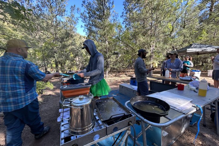 a group of people sitting at a picnic table